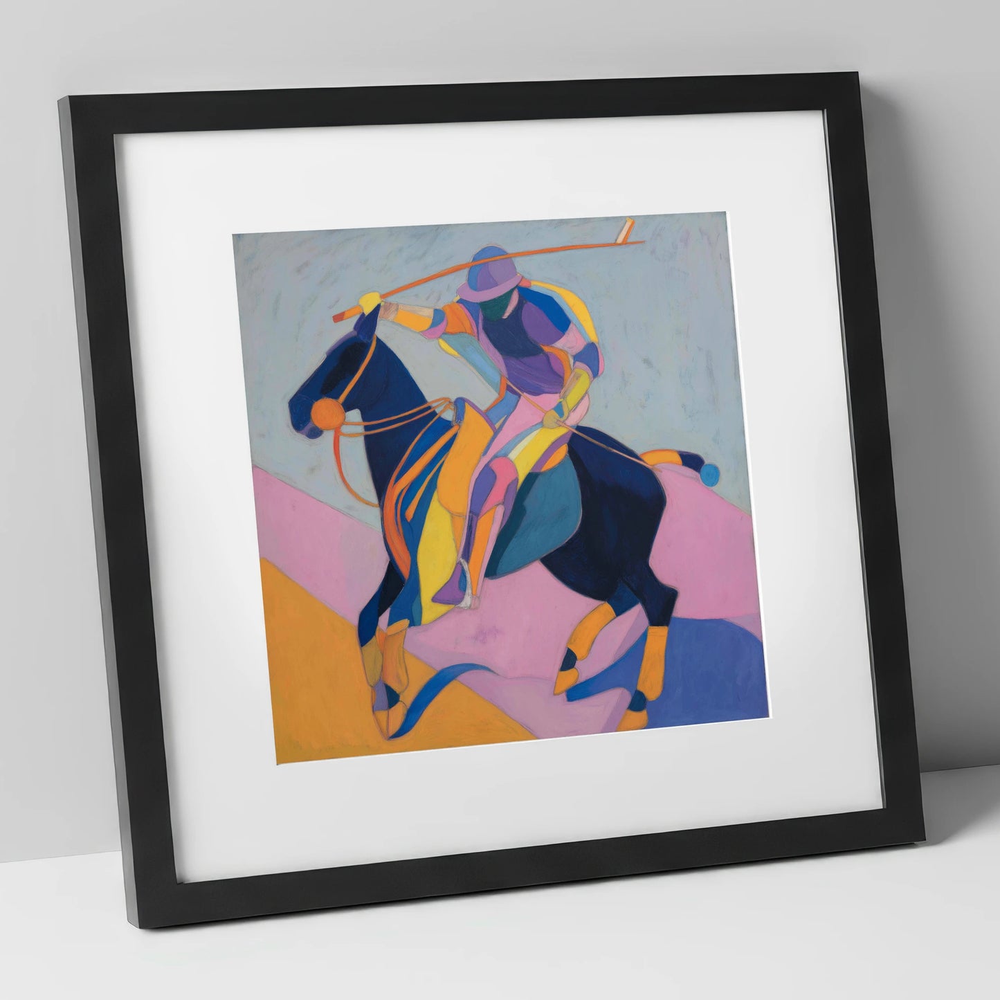 Vibrant Polo Strike polo horse art print in black frame
