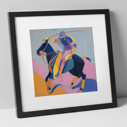 Vibrant Polo Strike polo horse art print in black frame