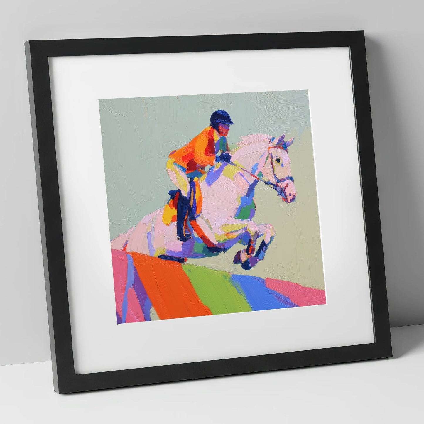 Vibrant Ascent show jumping horse art print in black frame