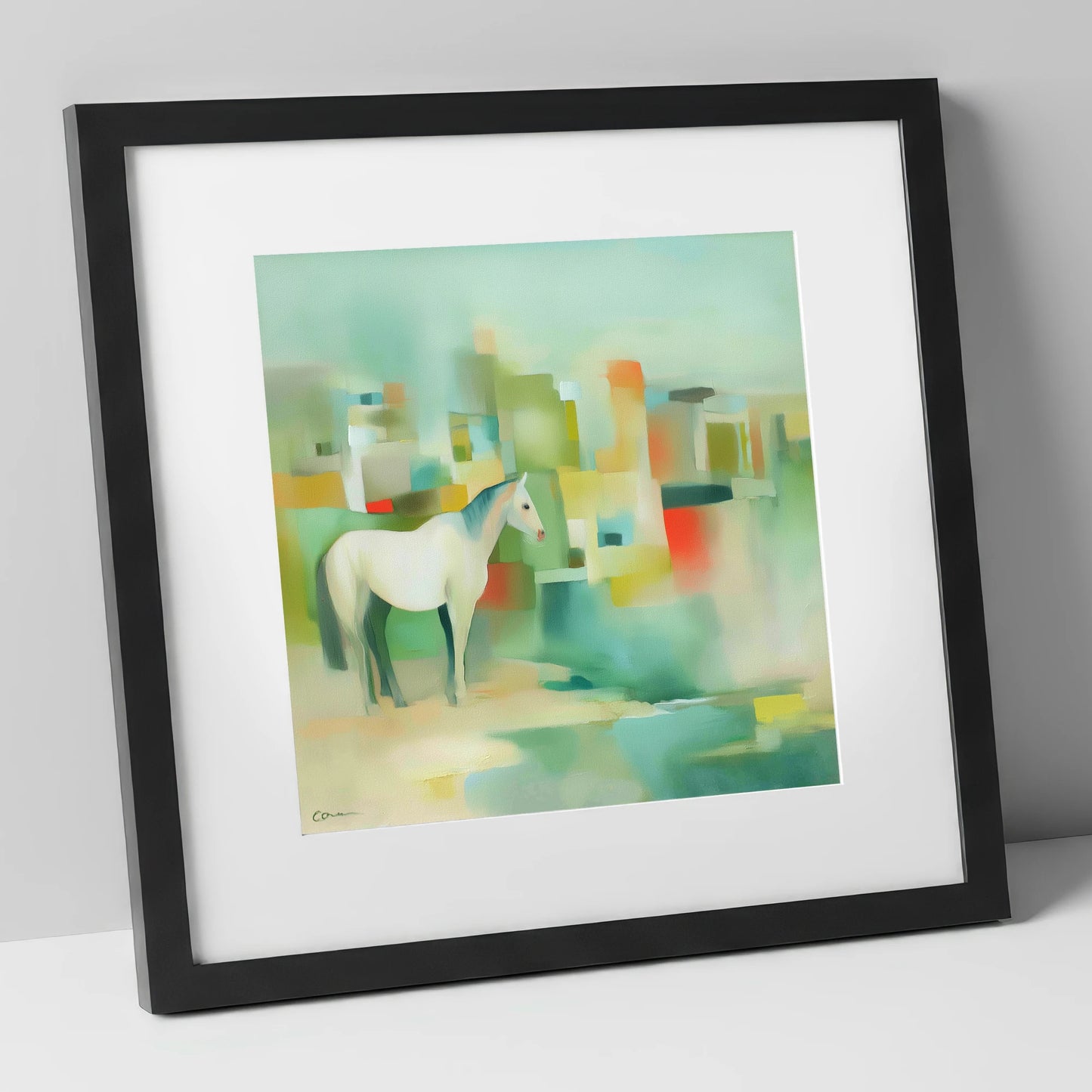 Abstract Urban Equine horse landscape art print in black frame