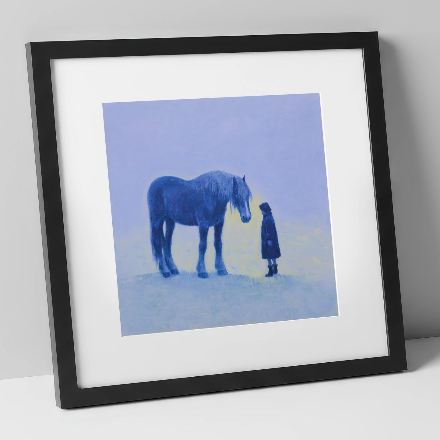 The Indigo Encounter horse & rider art print in black frame