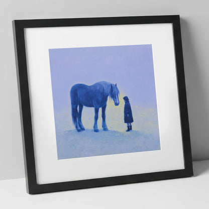 The Indigo Encounter horse & rider art print in black frame