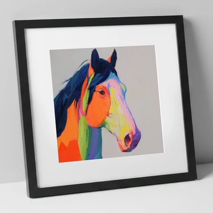Technicolour Equine Profile horse portrait art print in black frame