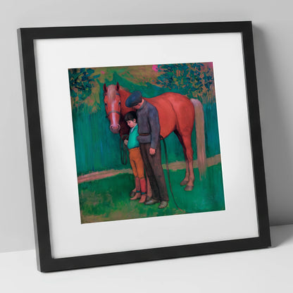 A Quiet Connection horse & rider art print in black frame