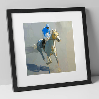 The Blue Silk Focus racing horse art print in black frame