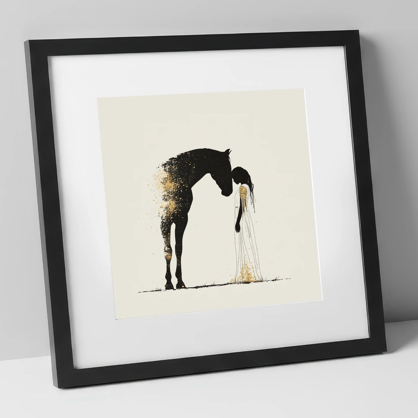 Golden Connection horse & rider art print in black frame