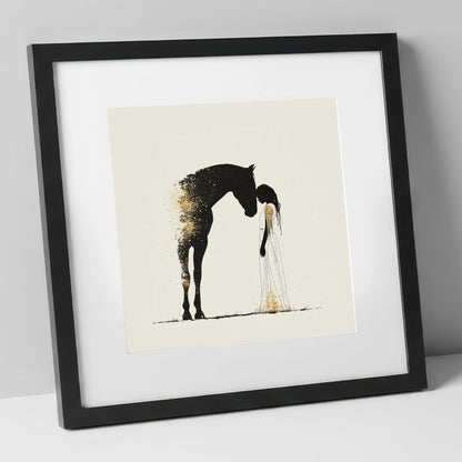 Golden Connection horse & rider art print in black frame