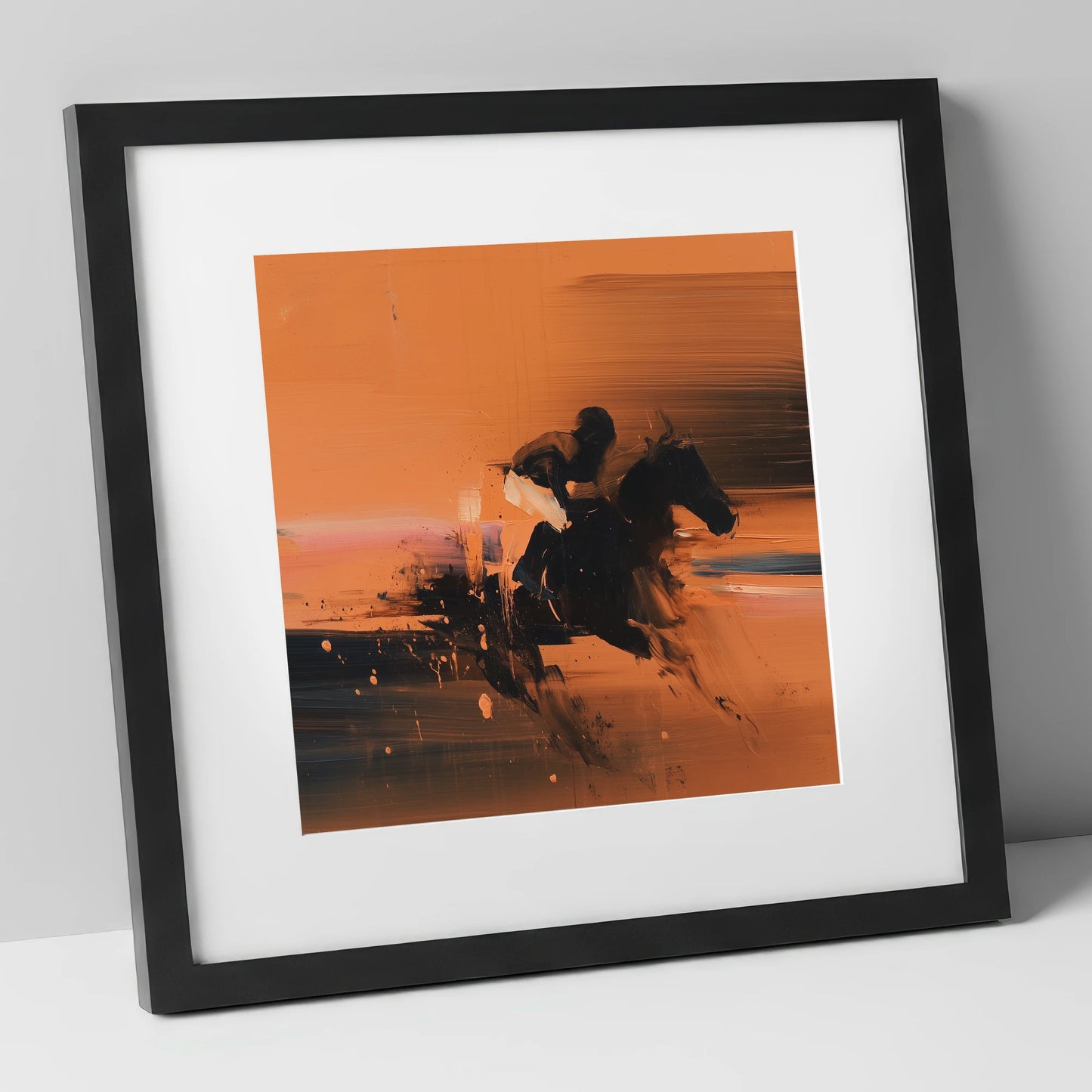 Through the Amber Dust racing horse art print in black frame