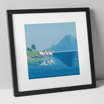 Reflections in Azure wild horses art print in black frame