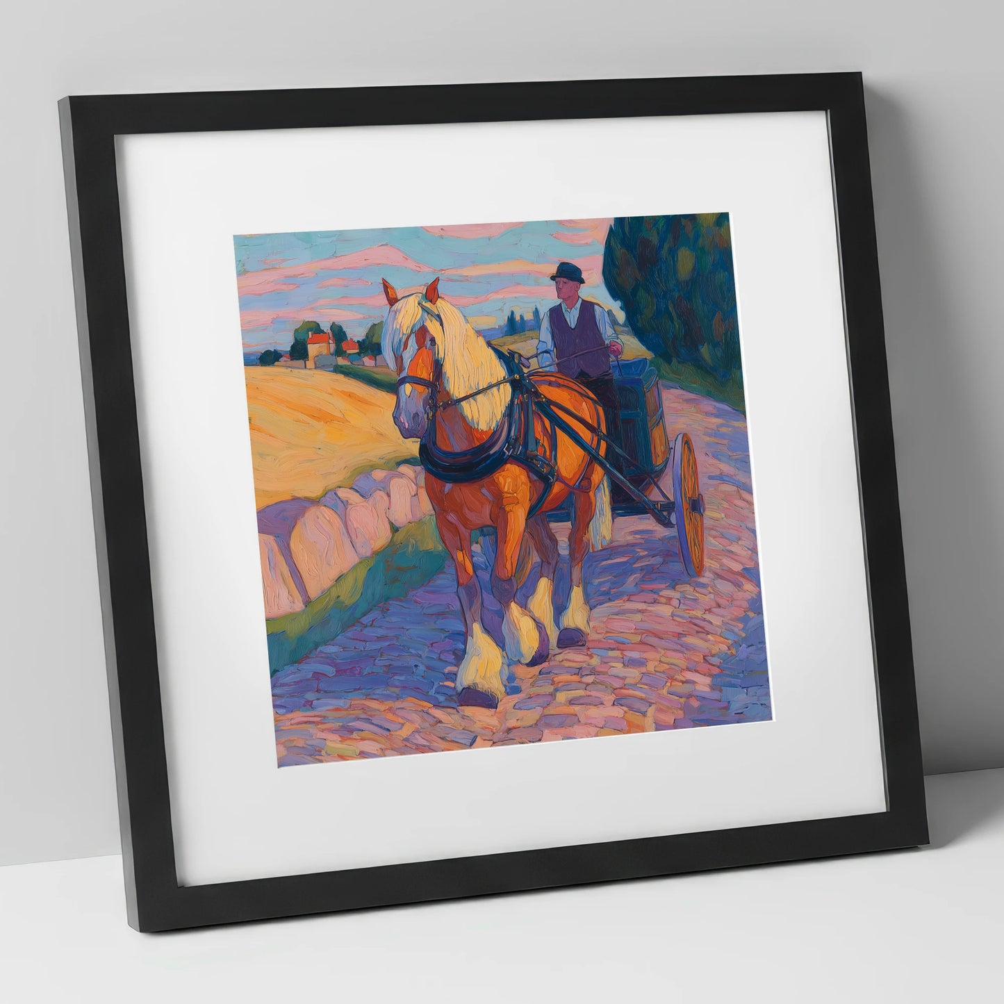 Evening Draught on Cobbles working horse art print in black frame