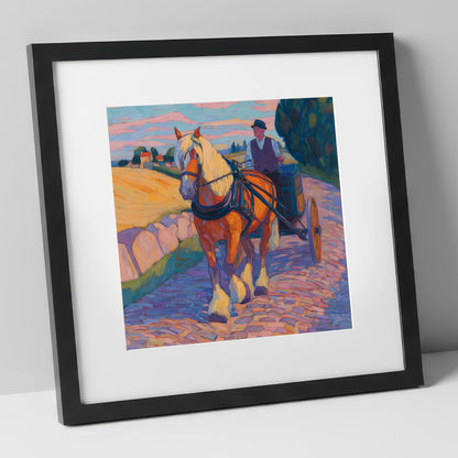 Evening Draught on Cobbles working horse art print in black frame