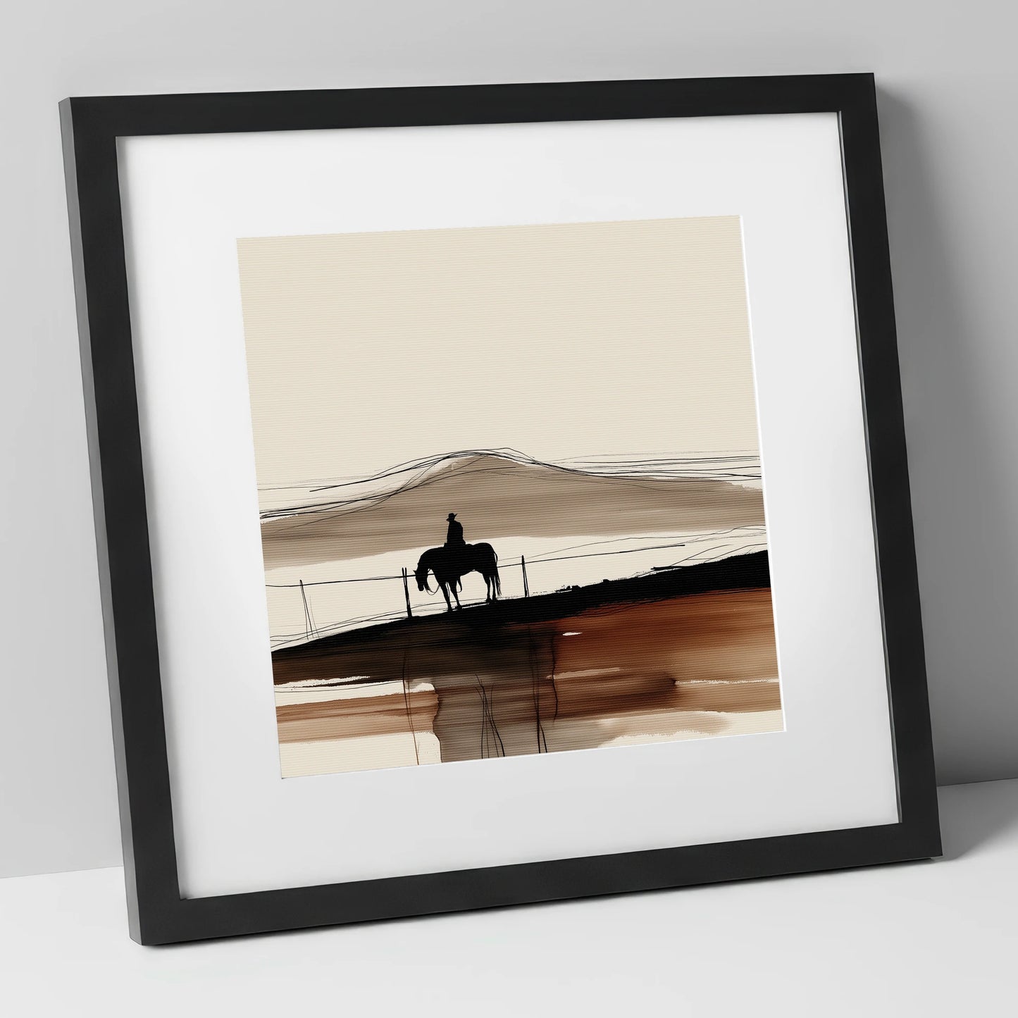 Western Solitude western horse art print in black frame