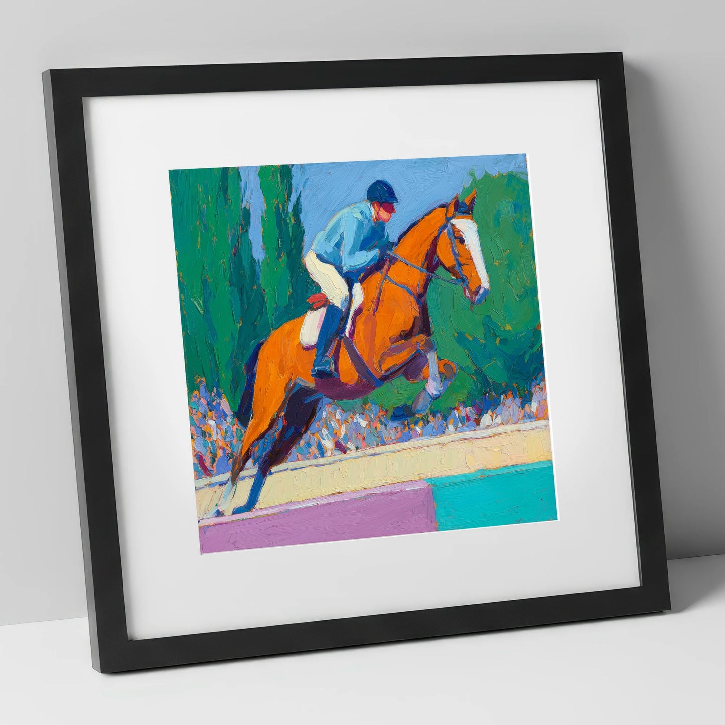 Bold Clear Round show jumping horse art print in black frame