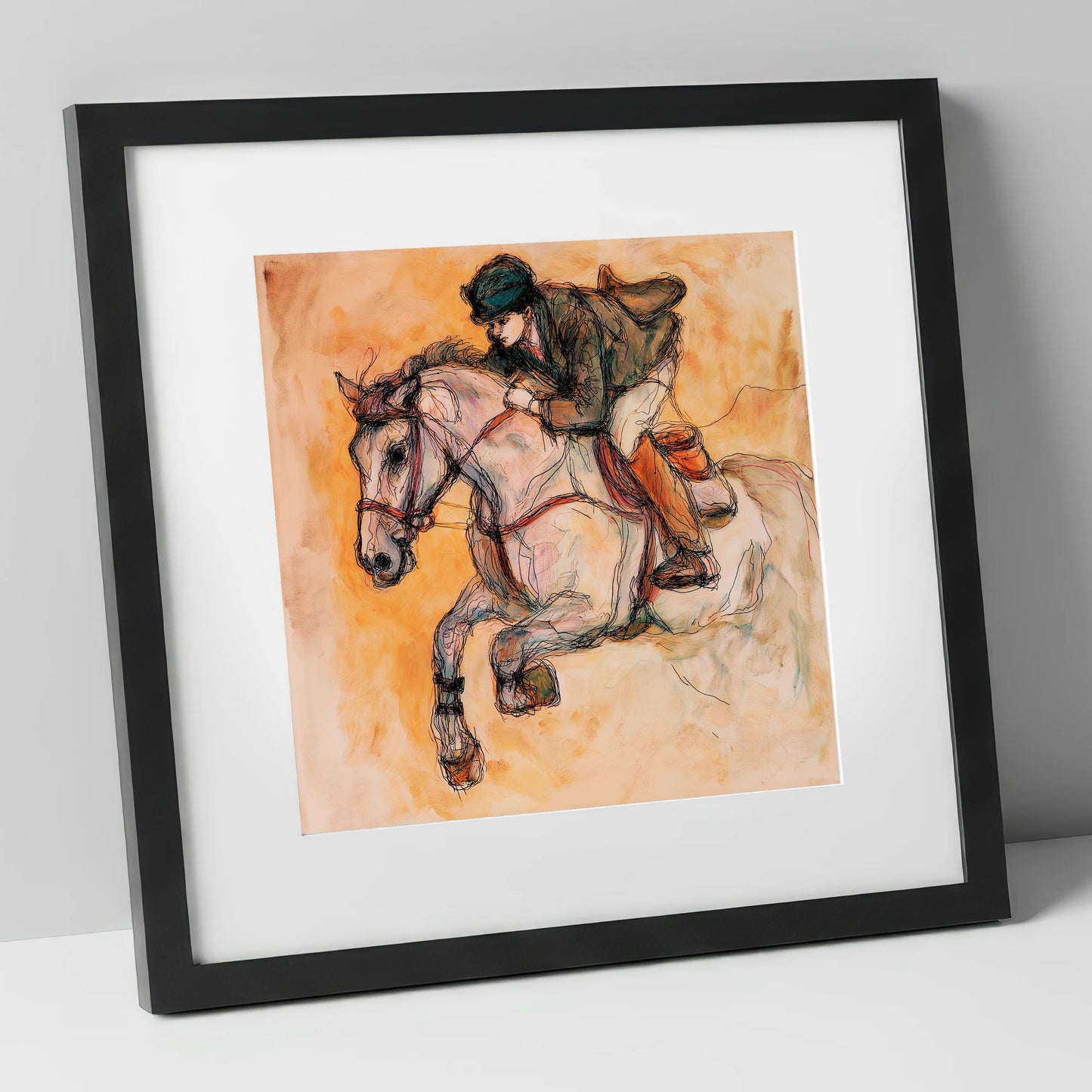 Airborne in Ochre show jumping horse art print in black frame