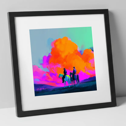 Vivid Western Horizon horse landscape art print in black frame