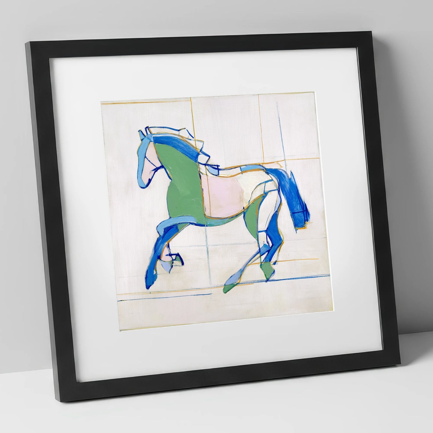 Azure and Emerald Canter horse portrait art print in black frame