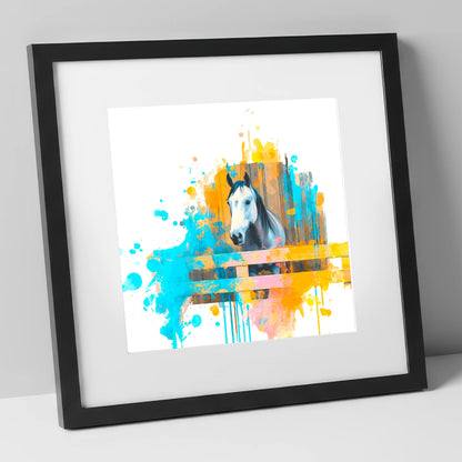 The Inquisitive Grey horse stable art print in black frame