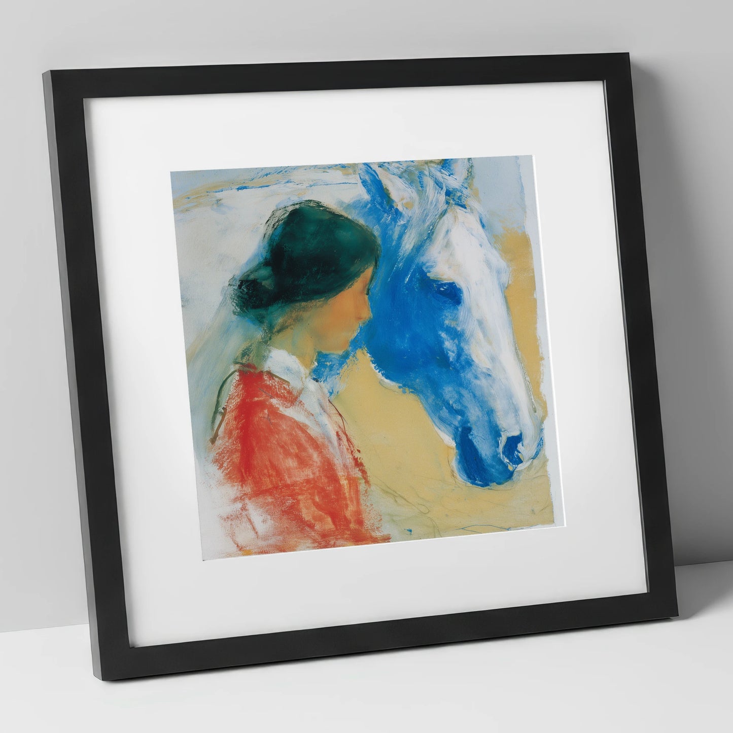 The Cobalt Companion horse & rider art print in black frame