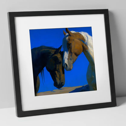 Sunlit Companions horse portrait art print in black frame