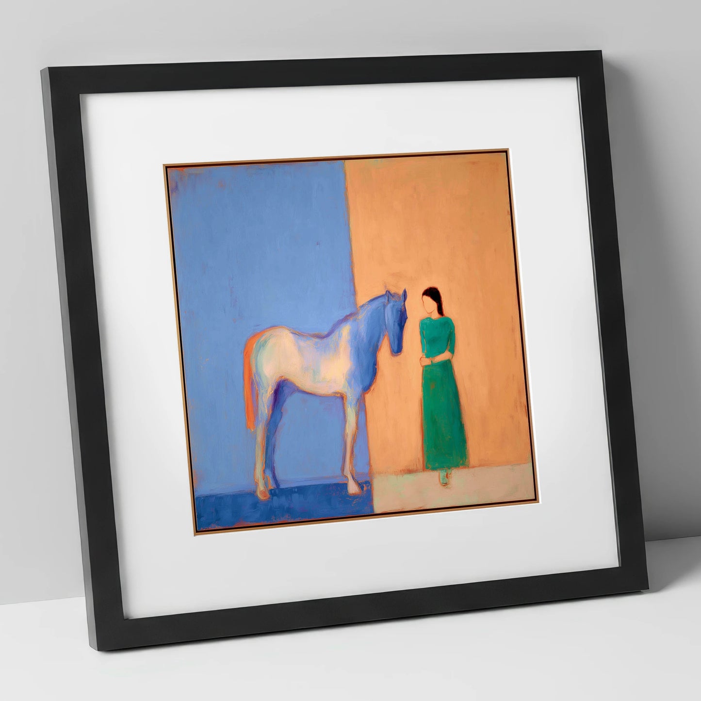 The Silent Dialogue horse & rider art print in black frame