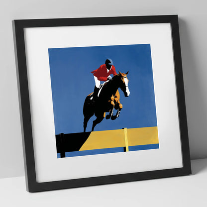 Suspended in Blue show jumping horse art print in black frame