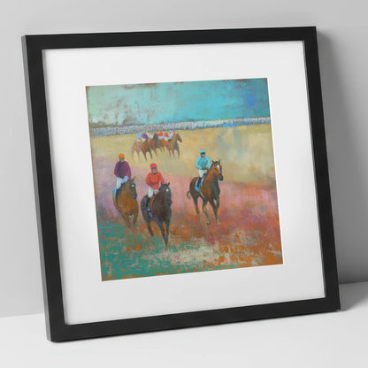 Silks Across the Furlong racing horse art print in black frame