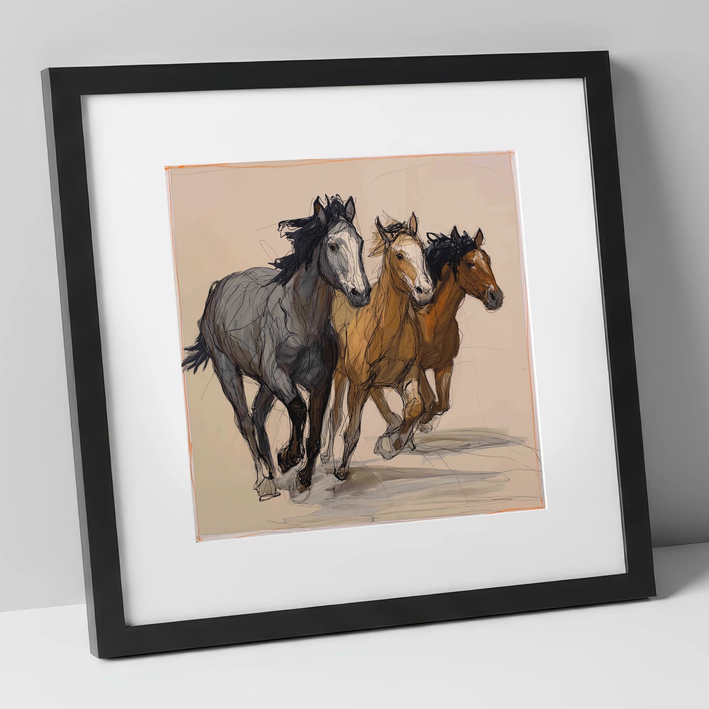 Spirited Trio wild horses art print in black frame