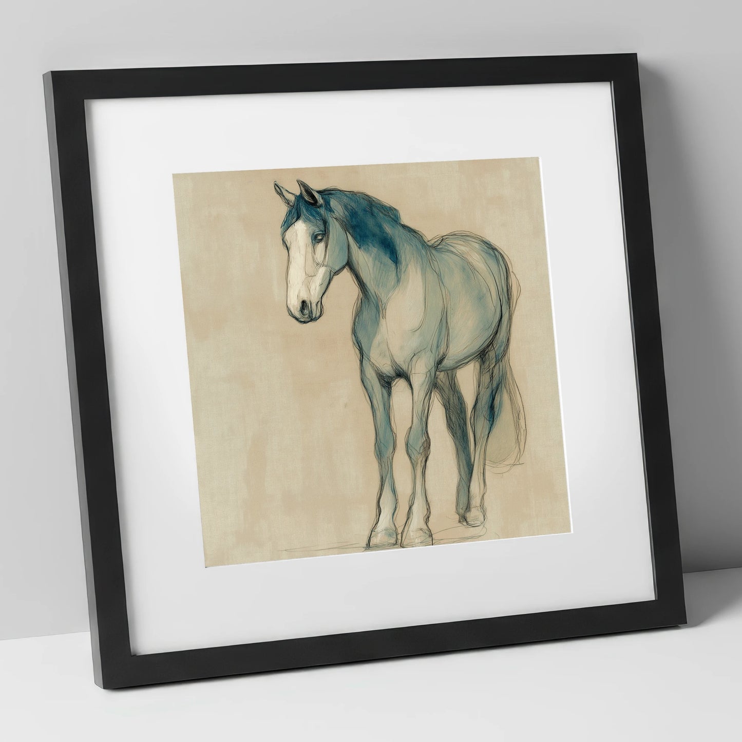 Azure Equine Sketch horse portrait art print in black frame