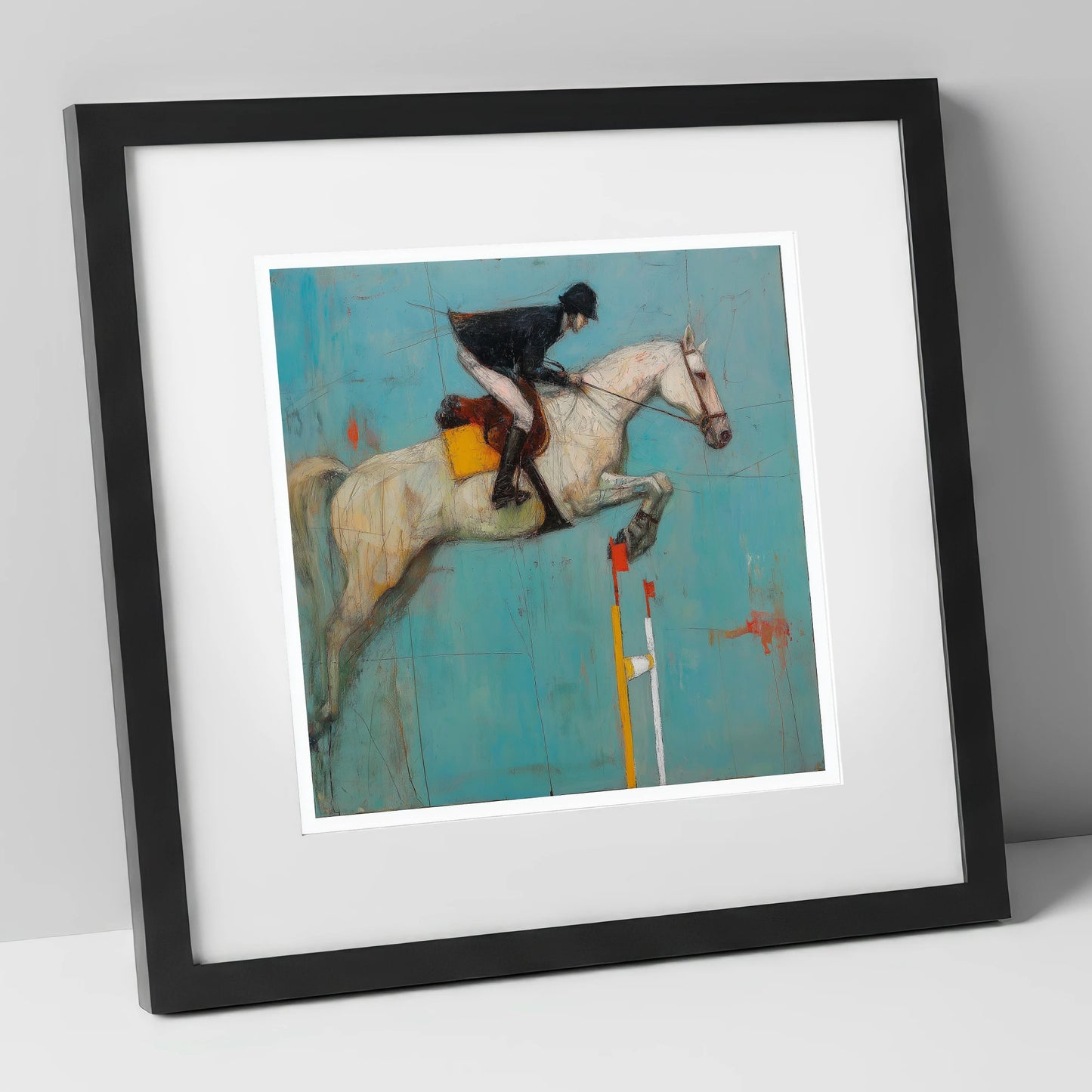 Airborne Over Teal show jumping horse art print in black frame