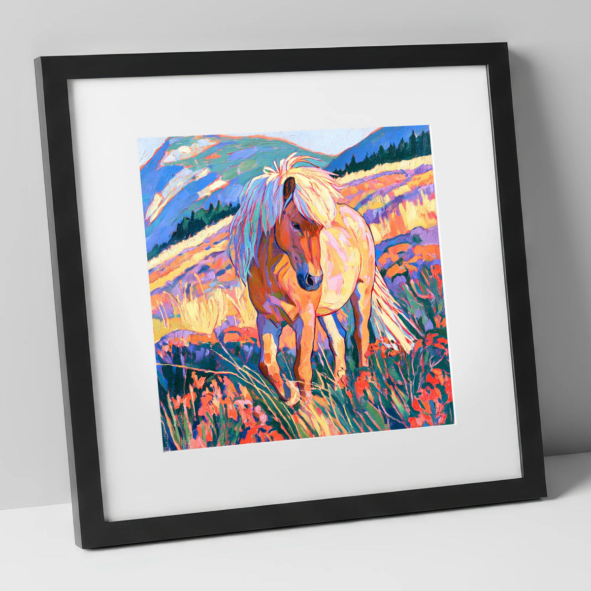 Fjord Horse in Vibrant Mountains horse breed art print in black frame