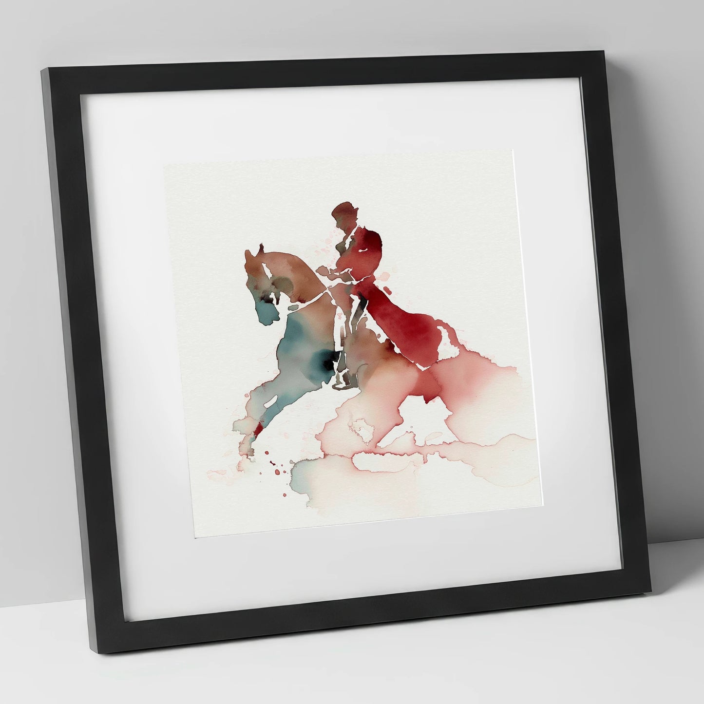 Crimson Passage dressage horse art print in black frame