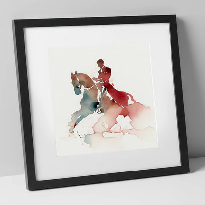 Crimson Passage dressage horse art print in black frame