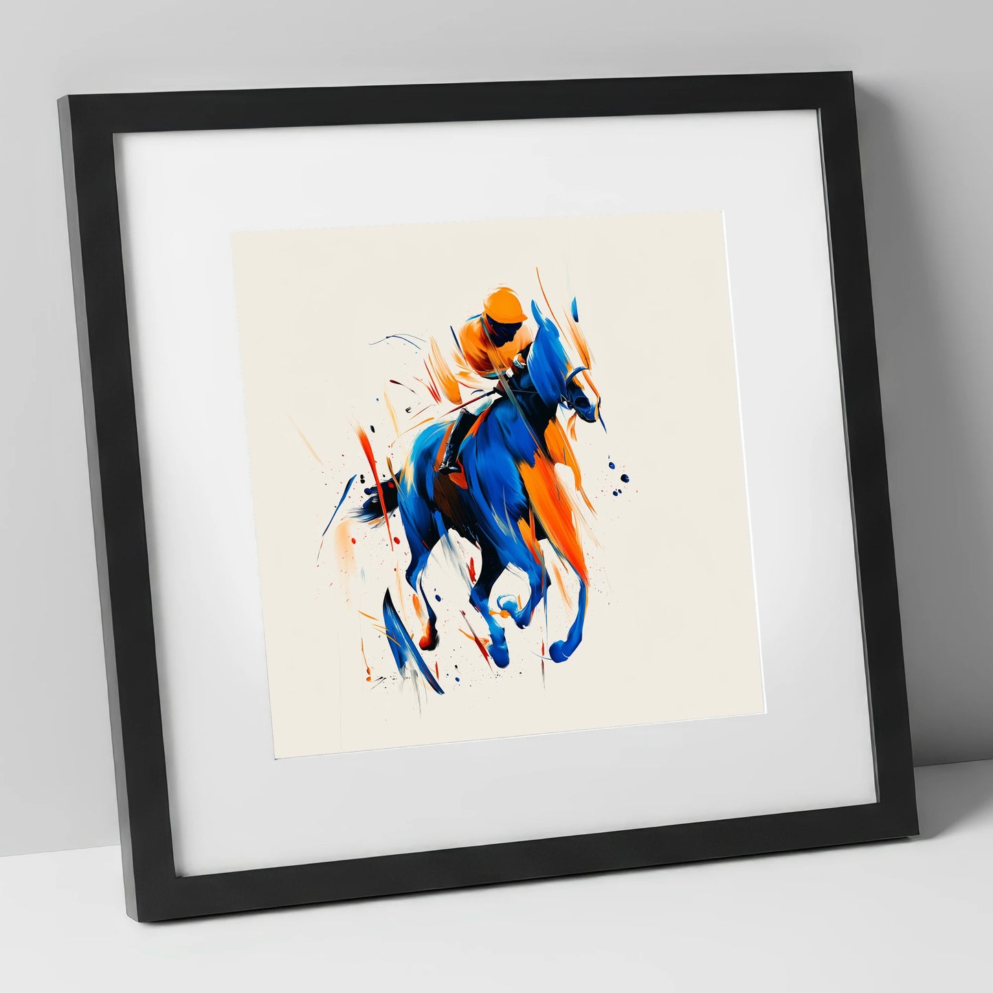 Velocity in Cobalt racing horse art print in black frame