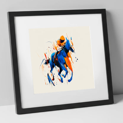 Velocity in Cobalt racing horse art print in black frame