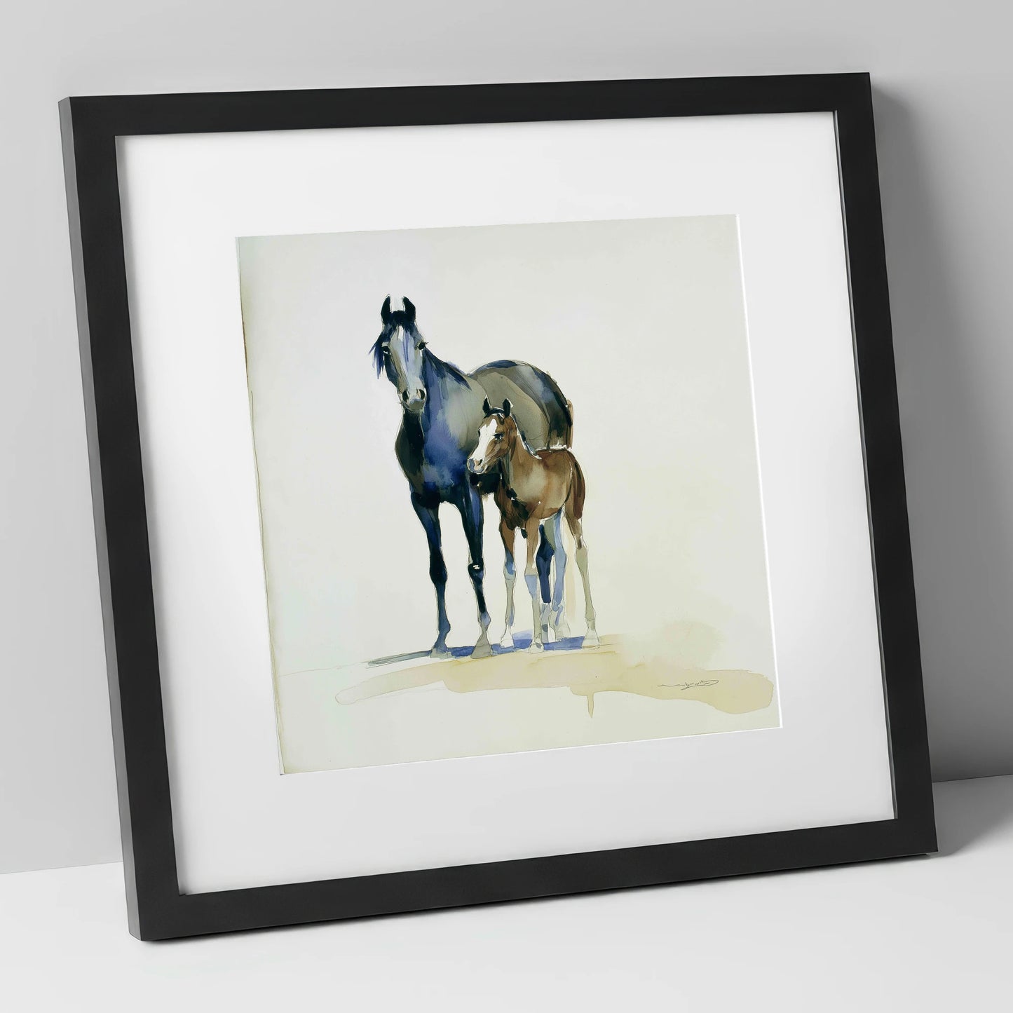 Watchful Bond mare & foal art print in black frame