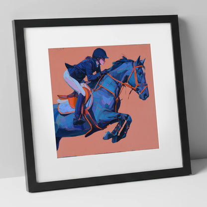 Indigo Leap show jumping horse art print in black frame