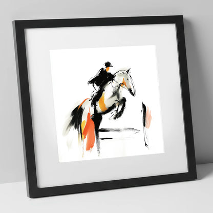 Spirited Ascent show jumping horse art print in black frame