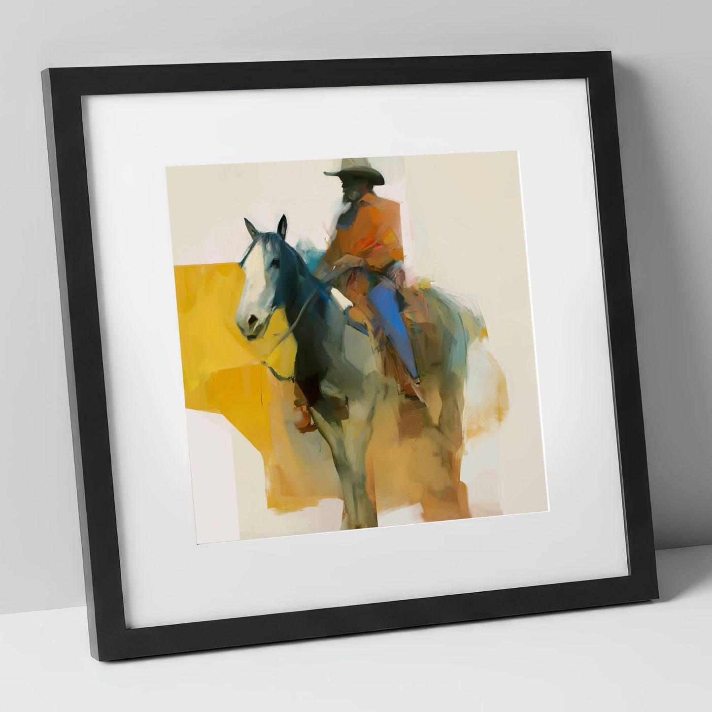 Golden Hour Cowboy western horse art print in black frame