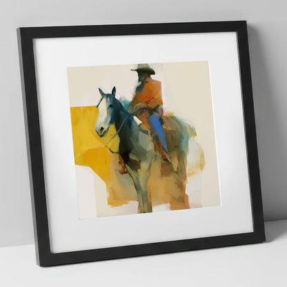 Golden Hour Cowboy western horse art print in black frame