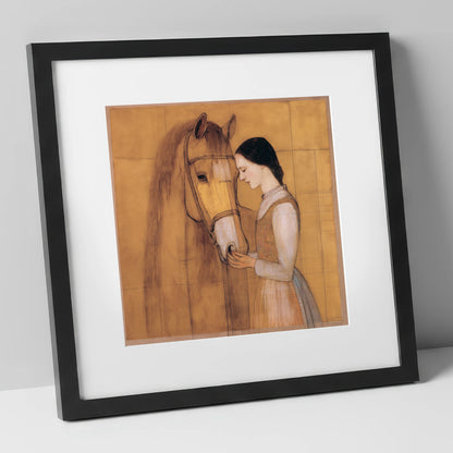 Quiet Connection horse & rider art print in black frame