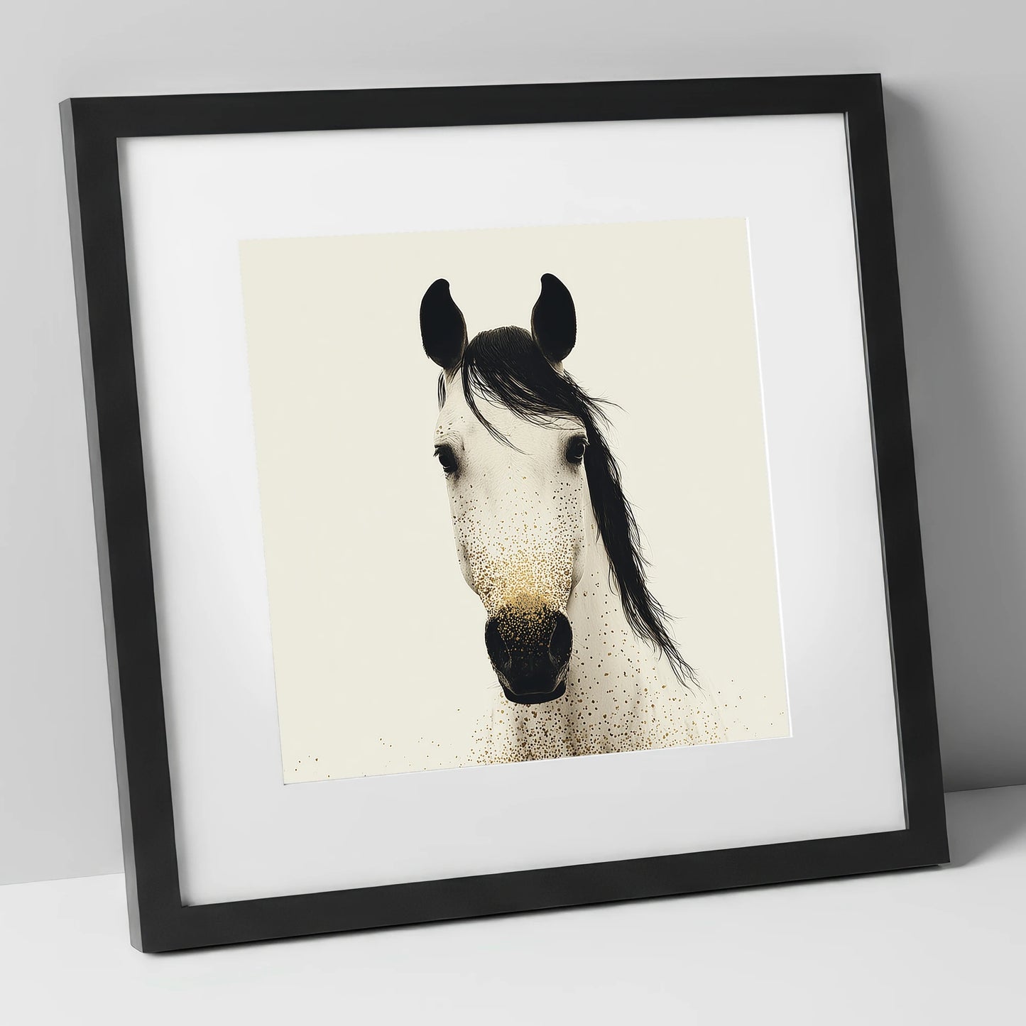 Gilded Equine Gaze horse portrait art print in black frame