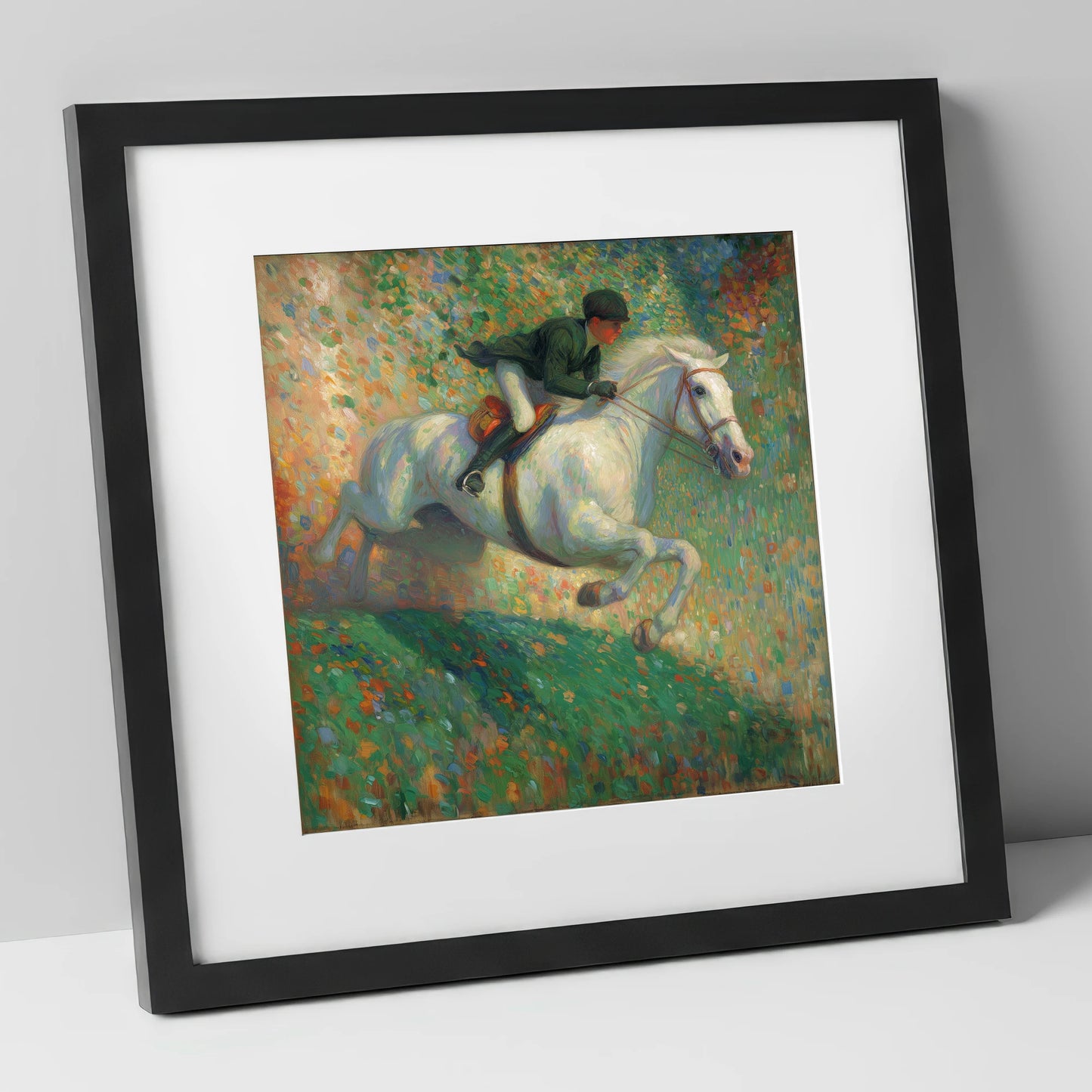 The Painted Leap show jumping horse art print in black frame