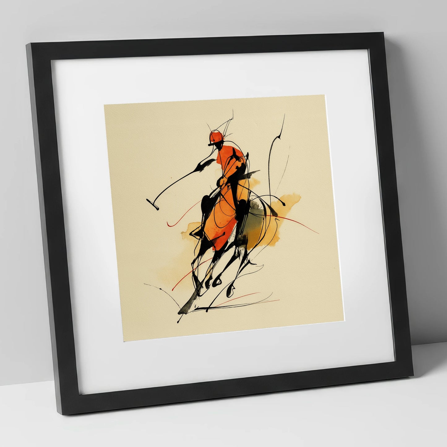 The Decisive Strike polo horse art print in black frame