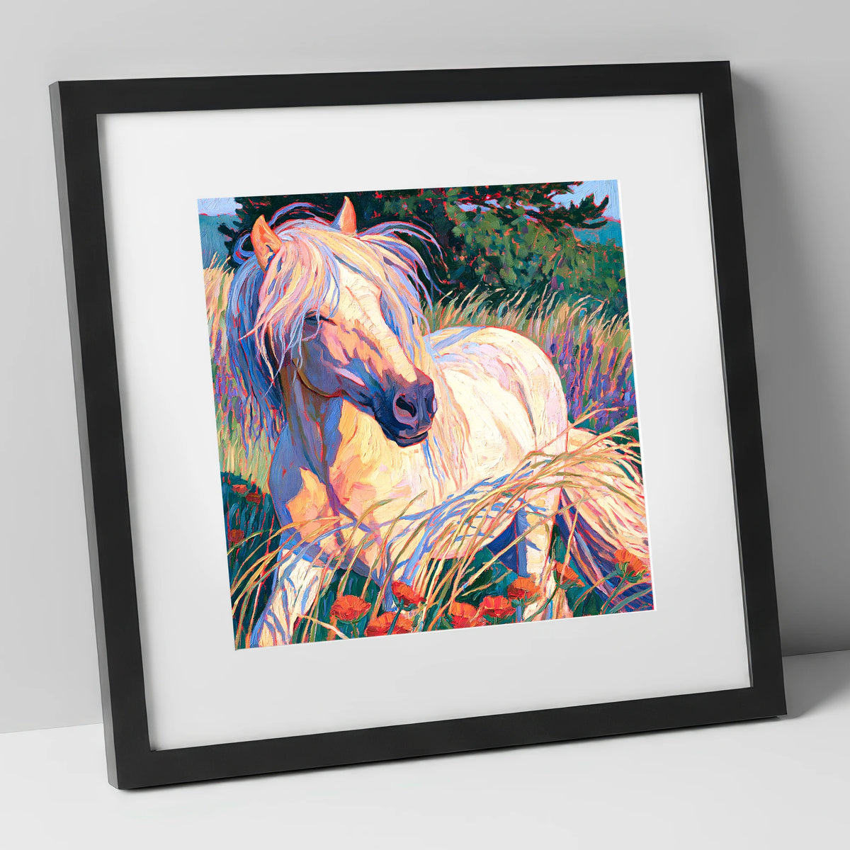 Colourful Horse In Poppy Meadow horse breed art print in black frame