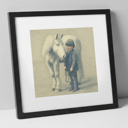 The Young Handler horse & rider art print in black frame