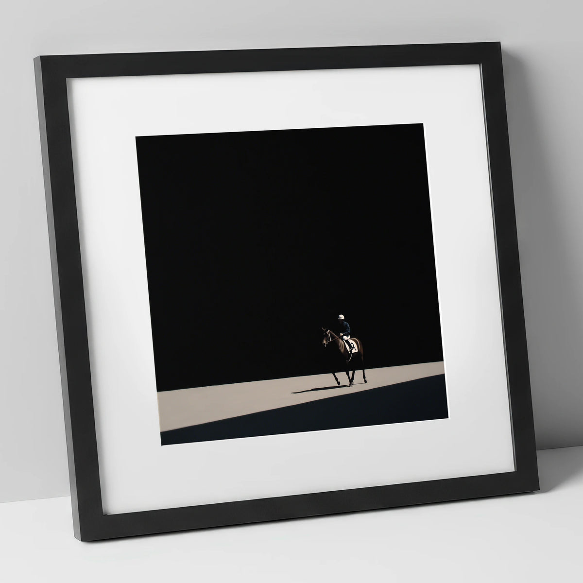 Chestnut Racehorse in Stark Light racing horse art print in black frame