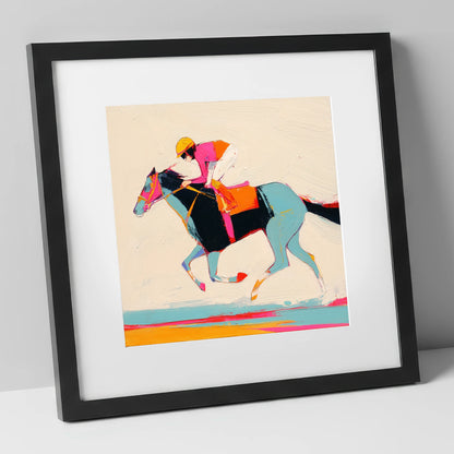 Technicolour Gallop racing horse art print in black frame