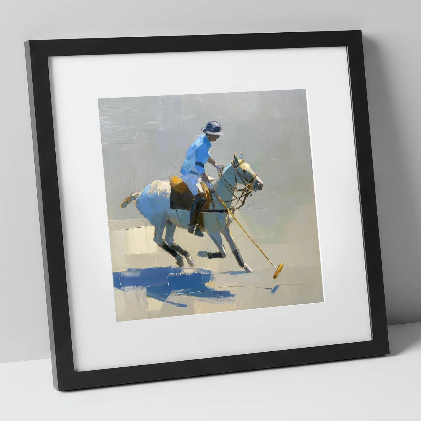 The Blue Chukka polo horse art print in black frame