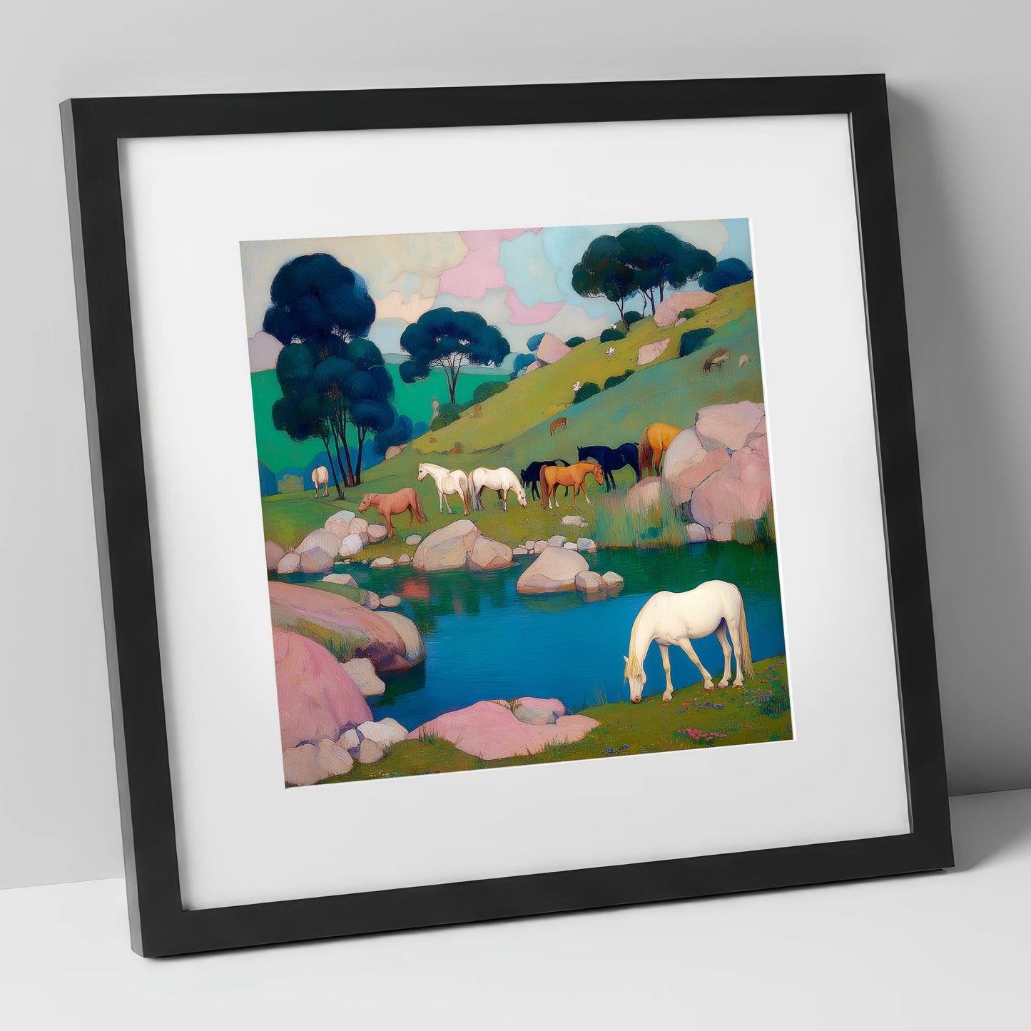 The Pastel Pasture horse landscape art print in black frame