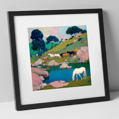 The Pastel Pasture horse landscape art print in black frame